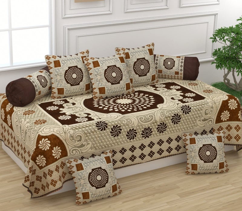 Jayvaam SAWNA Homes Presents Beautiful Chenille Fabric Printed Designer Diwan Cover Sets (Single Bedsheet + 5 Cushion Covers 2 Bolster Covers) (Coffee) - Image 1