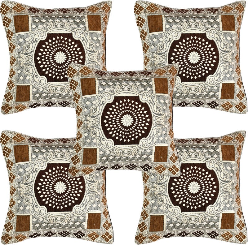 Jayvaam SAWNA Homes Presents Beautiful Chenille Fabric Printed Designer Diwan Cover Sets (Single Bedsheet + 5 Cushion Covers 2 Bolster Covers) (Coffee) - Image 2