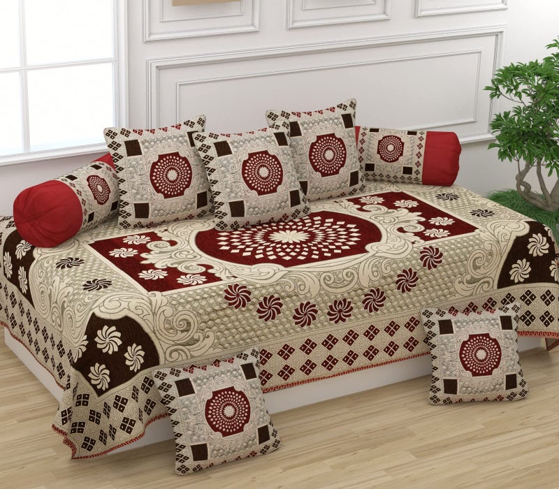 Jayvaam SAWNA Homes Presents Beautiful Chenille Fabric Printed Designer Diwan Cover Sets (Single Bedsheet + 5 Cushion Covers 2 Bolster Covers) (Coffee) - Image 3