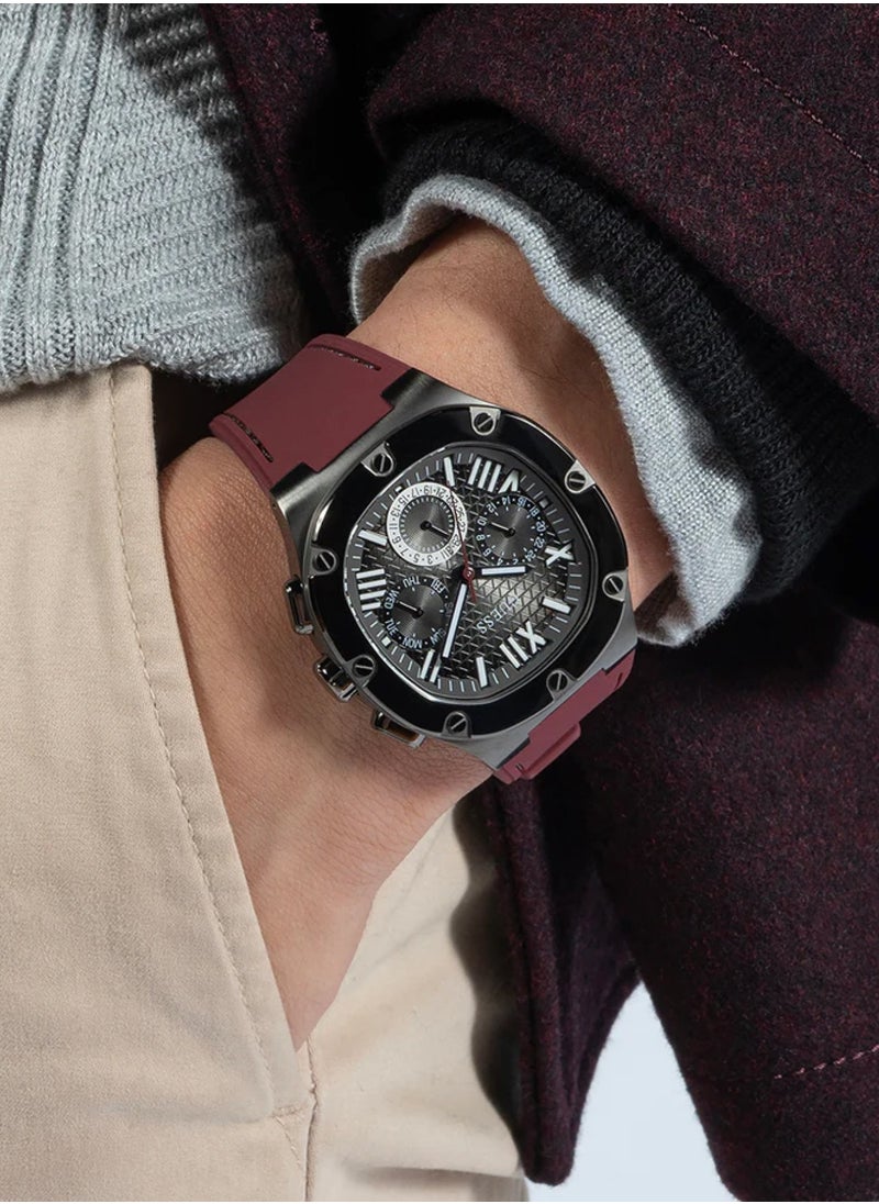GUESS - Headline Men’s Burgundy Grey Multi-function Silicone Strap Watch GW0571G4 - 42mm - Image 1