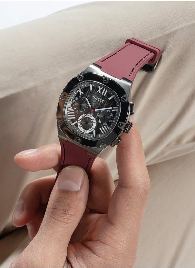 GUESS - Headline Men’s Burgundy Grey Multi-function Silicone Strap Watch GW0571G4 - 42mm - Image 1