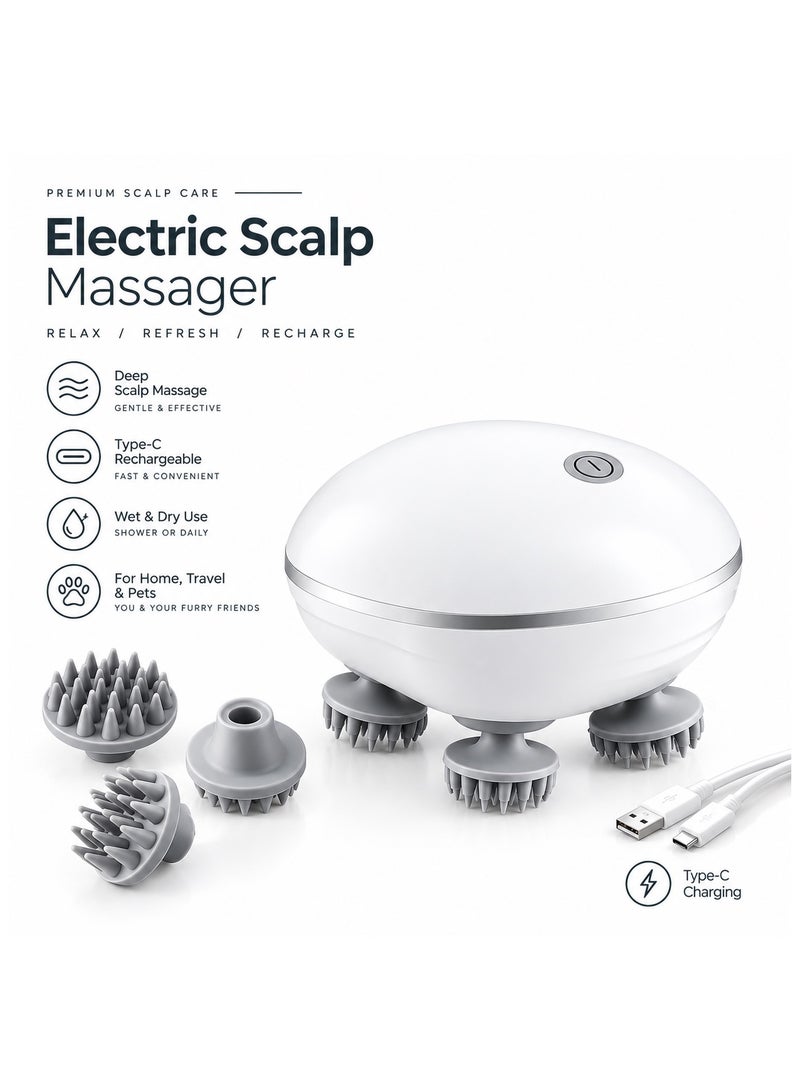 YJ Electric Scalp Massager, Rechargeable Head Massager with Silicone Massage Brush, Type-C Charging, Scalp Massage Brush for Shower, Shampoo & Relaxation, Portable Head Scratcher for Men Women - Image 1