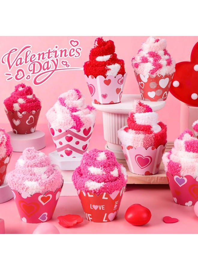 Japior 12 Pairs Valentine's Day Pink Fuzzy Socks Valentine's Heart Socks Heart Slipper Socks for Women Gift - Image 2