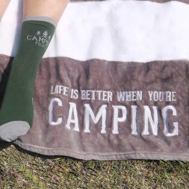 Pavilion Gift Company Pavilion - Life is Better When You're Camping - Gray & White Striped Super Soft 50 x 60 Inch Striped Throw Blanket with Embroidered Text - Image 4