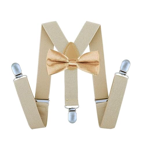 traderplus Men Elastic Suspenders and Bow Ties Set for Wedding, Formal Events (Champagne) - Image 1