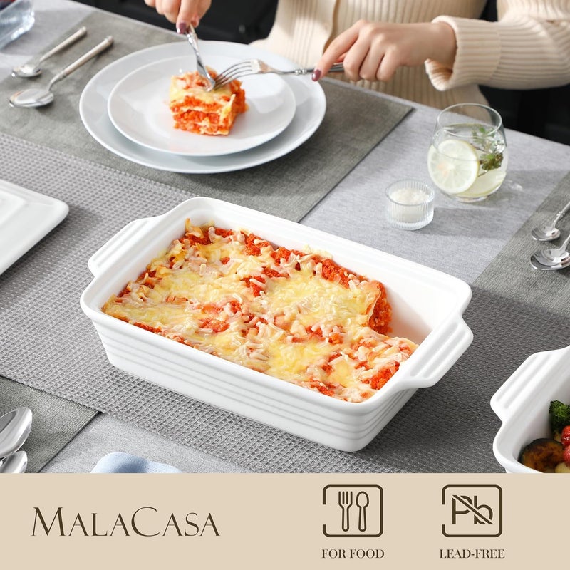 MALACASA Casserole Dish for Oven, 4.4 Qt Porcelain Baking Dish with Lid, 9x13 Baking Pan with Handles, Large Lasagna Pan Deep, Rectangular Bakeware, Microwave Safe, White, Series BAKE - Image 2