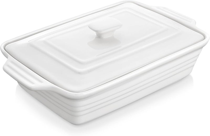 MALACASA Casserole Dish for Oven, 4.4 Qt Porcelain Baking Dish with Lid, 9x13 Baking Pan with Handles, Large Lasagna Pan Deep, Rectangular Bakeware, Microwave Safe, White, Series BAKE - Image 1