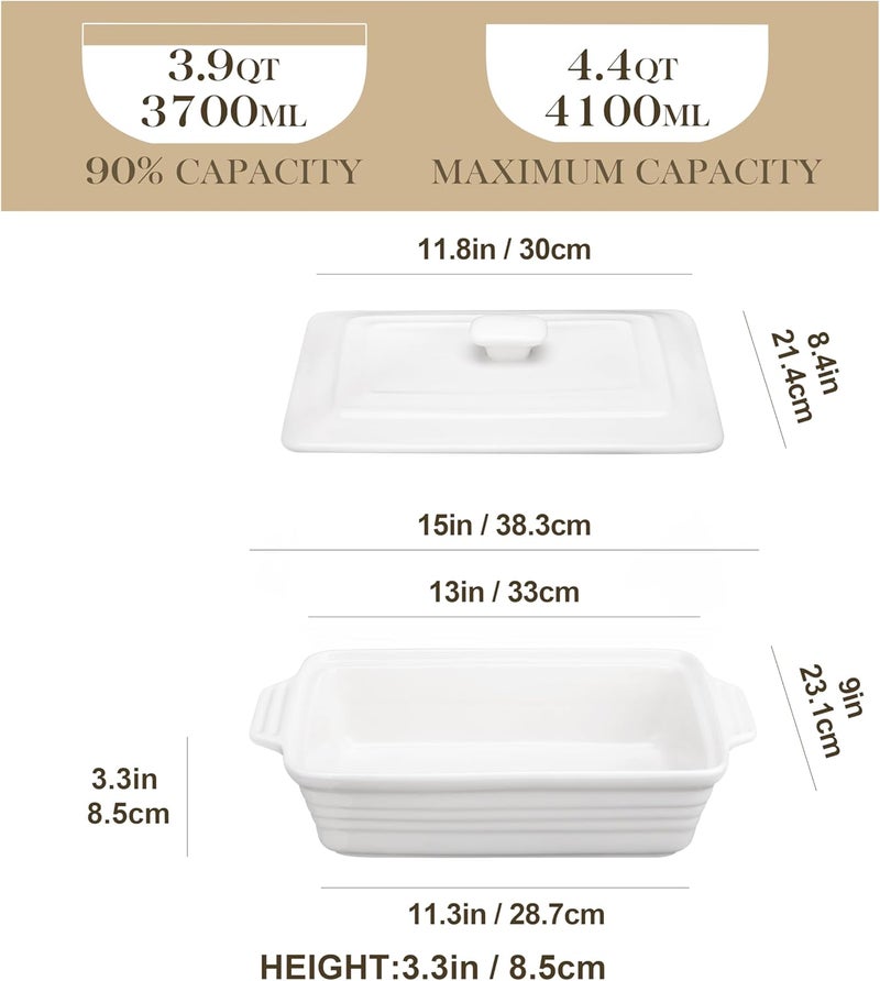 MALACASA Casserole Dish for Oven, 4.4 Qt Porcelain Baking Dish with Lid, 9x13 Baking Pan with Handles, Large Lasagna Pan Deep, Rectangular Bakeware, Microwave Safe, White, Series BAKE - Image 3