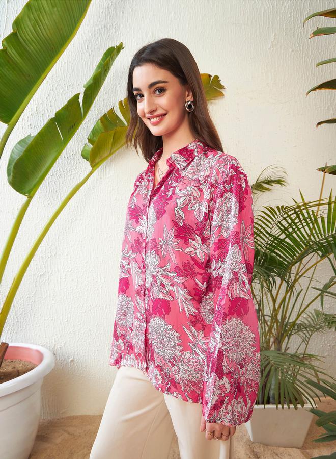 SASSAFRAS Oversized Floral Print Shirt with Drop Shoulder Sleeves - Image 3