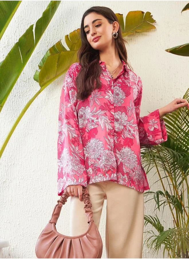 ساسافراس Oversized Floral Print Shirt with Drop Shoulder Sleeves