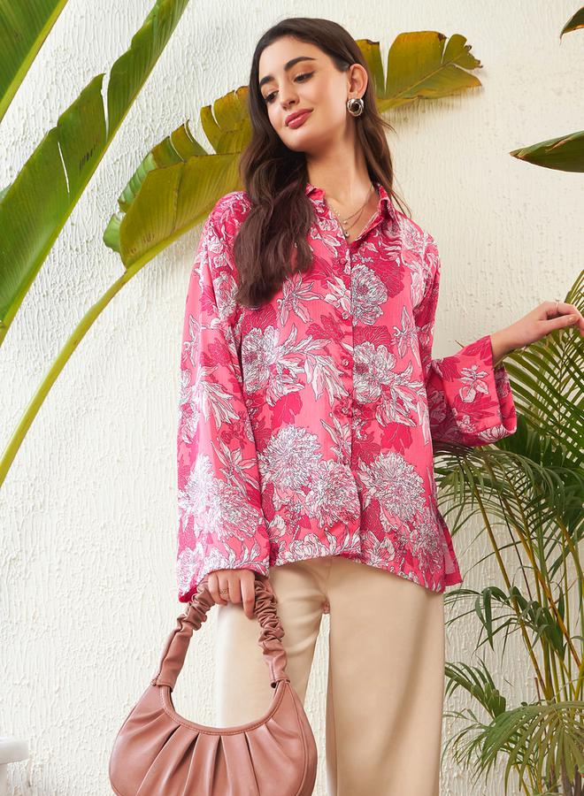 SASSAFRAS Oversized Floral Print Shirt with Drop Shoulder Sleeves - Image 1