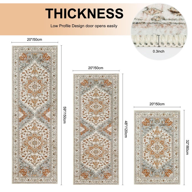 Yamaziot Boho Washable Kitchen Rugs Sets of 3, Non Slip Kitchen Mats for Floor with Rubber Backing, Waterproof & Stain Resistant Thick Carpet Runner Throw Rug for Kitchen, Laundry Room, Hallway - Image 2