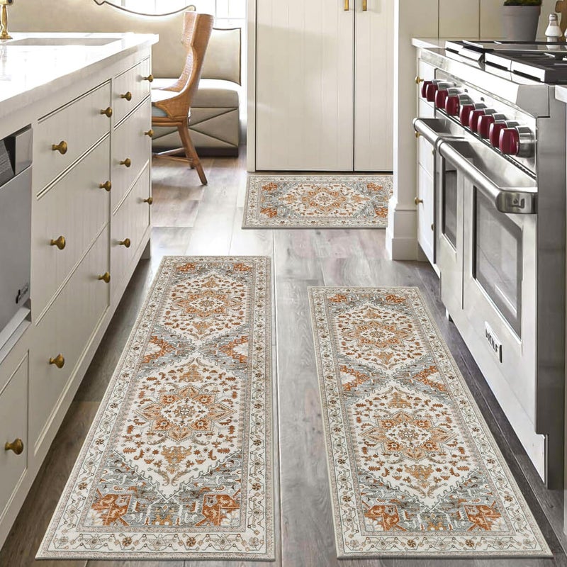 Yamaziot Boho Washable Kitchen Rugs Sets of 3, Non Slip Kitchen Mats for Floor with Rubber Backing, Waterproof & Stain Resistant Thick Carpet Runner Throw Rug for Kitchen, Laundry Room, Hallway - Image 1