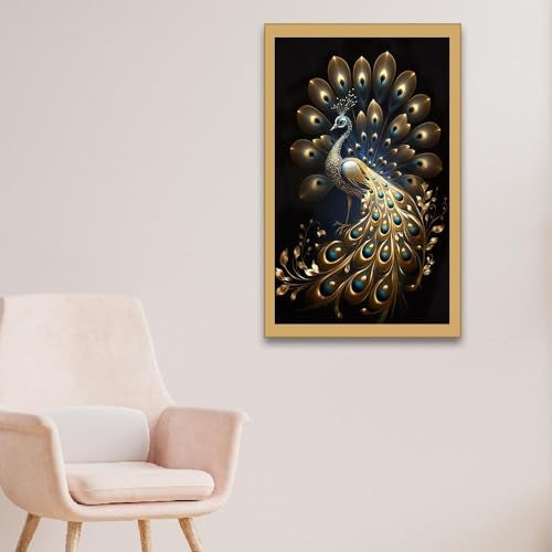 DEKORSTATION Panoramic Golden Peacock Design Canvas Framed Wall Painting for Living Room |Bedroom | Office | Drawing room |Hotel Wall Decoration (24 Inch x 12 Inch) - Image 1