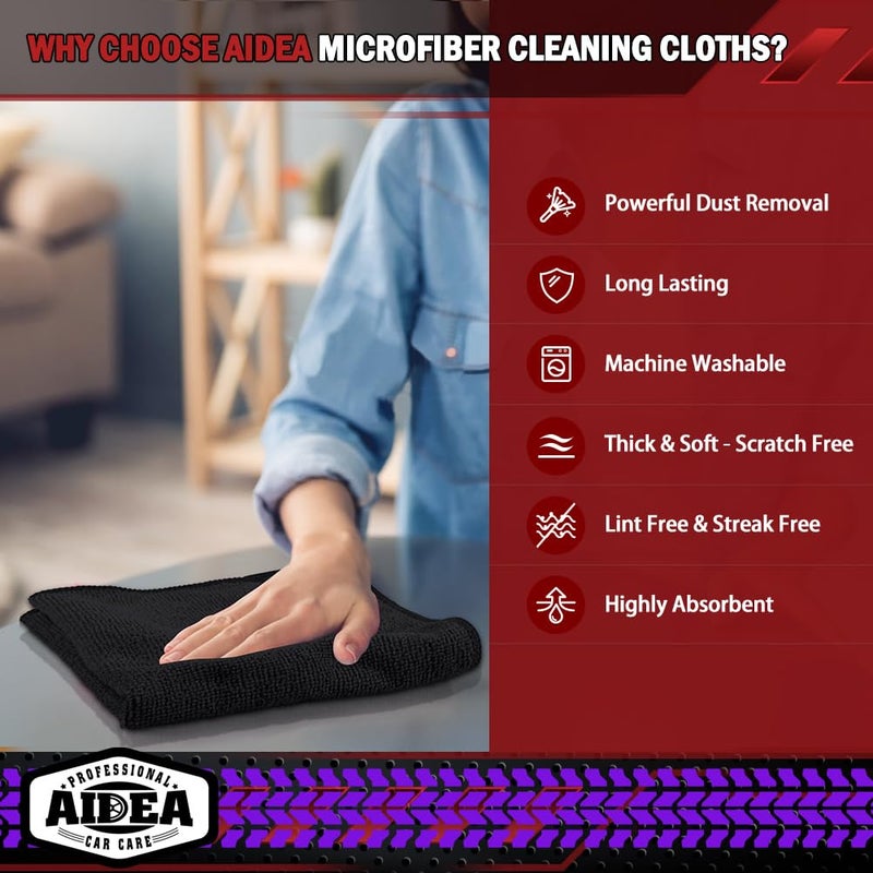 AIDEA Microfiber Cleaning Cloth Black 10PK, Microfiber Towels for Cars, Premium Wash Cloths, Dusting Cloth Lint Free Cleaning Rags for SUVs, House, Kitchen, Window, Cleaning Supplies12Ã—12" - Image 3