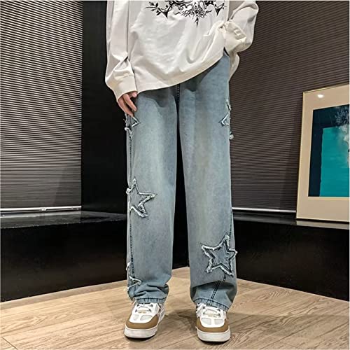 FCOOLYEET Y2k Jeans Men Baggy Star Harajuku Denim Pants Hip Hop Embroidery Graphic Jeans Loose Fit Straight Trousers Blue - Image 3