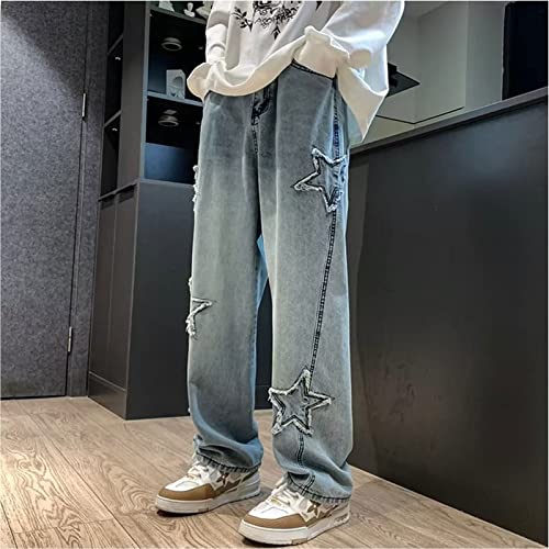 FCOOLYEET Y2k Jeans Men Baggy Star Harajuku Denim Pants Hip Hop Embroidery Graphic Jeans Loose Fit Straight Trousers Blue - Image 2