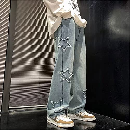 FCOOLYEET Y2k Jeans Men Baggy Star Harajuku Denim Pants Hip Hop Embroidery Graphic Jeans Loose Fit Straight Trousers Blue - Image 4