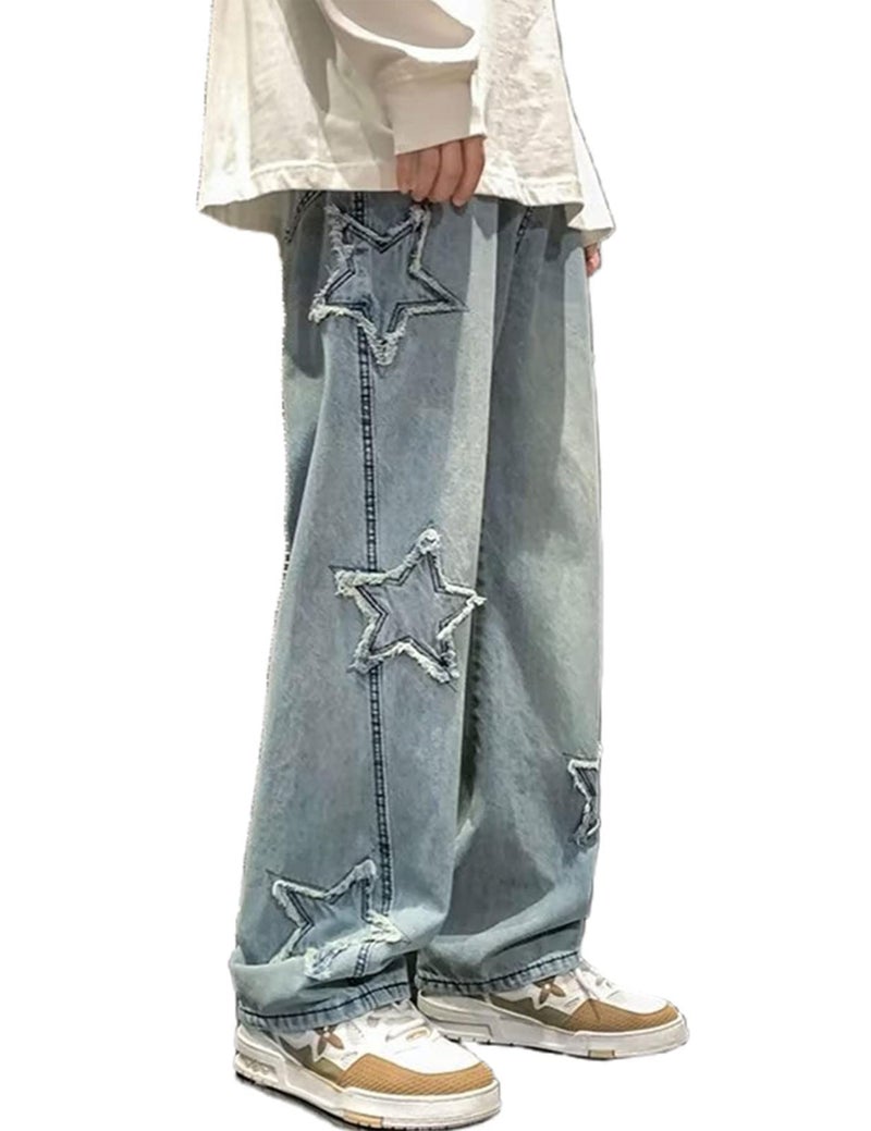 FCOOLYEET Y2k Jeans Men Baggy Star Harajuku Denim Pants Hip Hop Embroidery Graphic Jeans Loose Fit Straight Trousers Blue - Image 1
