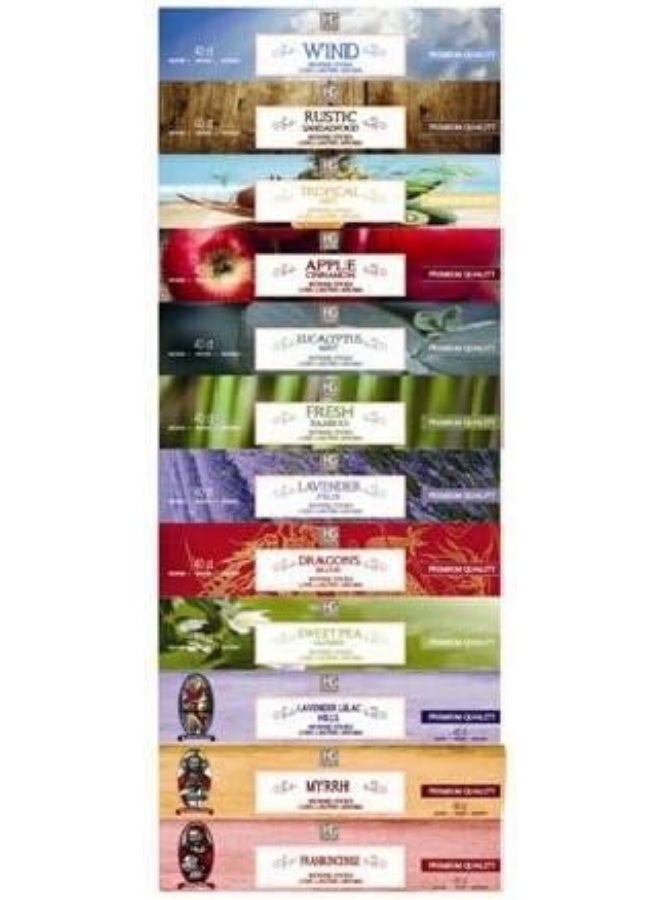 Hosley Aromatherapy 480 Pack Incense Sticks Lavender Eucalyptus Mint Sandalwood Sweet Pea Jasmine Tropical Mist Apple Cinnamon Fresh Bamboo Dragon's Blood Myrrh Lavender Lilac Hills, and Frankincense - Image 1