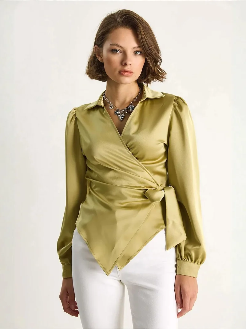 Bianco Lucci LUCCI Double Breasted Satin Blouse with Binding Detail