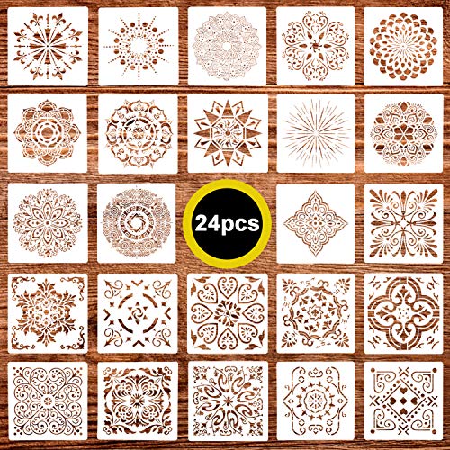 Juome 24 Pack (6x6 Inch) Painting Drawing Stencils Mandala Template for DIY Rock Painting Art Projects, Reusable - Image 1