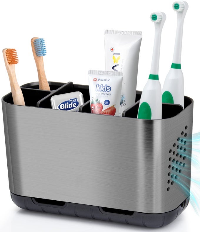 TOOTHBRUSH AND TOOTHPASTE HOLDER BRUSHED NICKEL DRAINAGE FOR BATHROOM VANITY LARGE ELECTRIC TOOTHBRUSH STORAGE CADDY ANTISLIP RUSTIC WITH ADJUSTABLE DIVIDERS FOR FAMILY KIDS