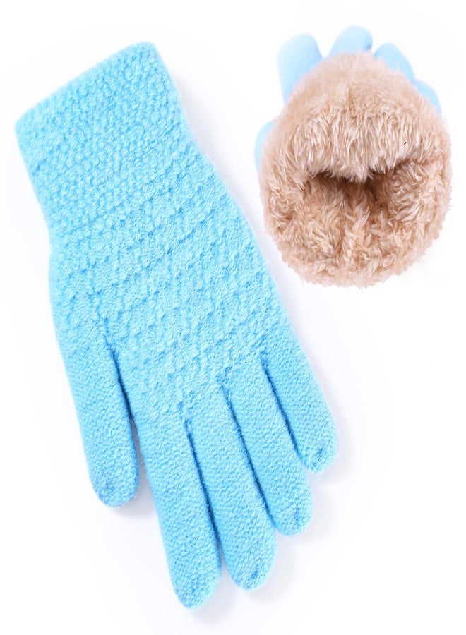 FENELY Winter Gloves for Boys Girls - Kids Warm Knit Thermal Cable Knitted Gloves Wool Fleece Lined Mittens for Cold Weather (Sky blue, 1 Pair) - Image 1