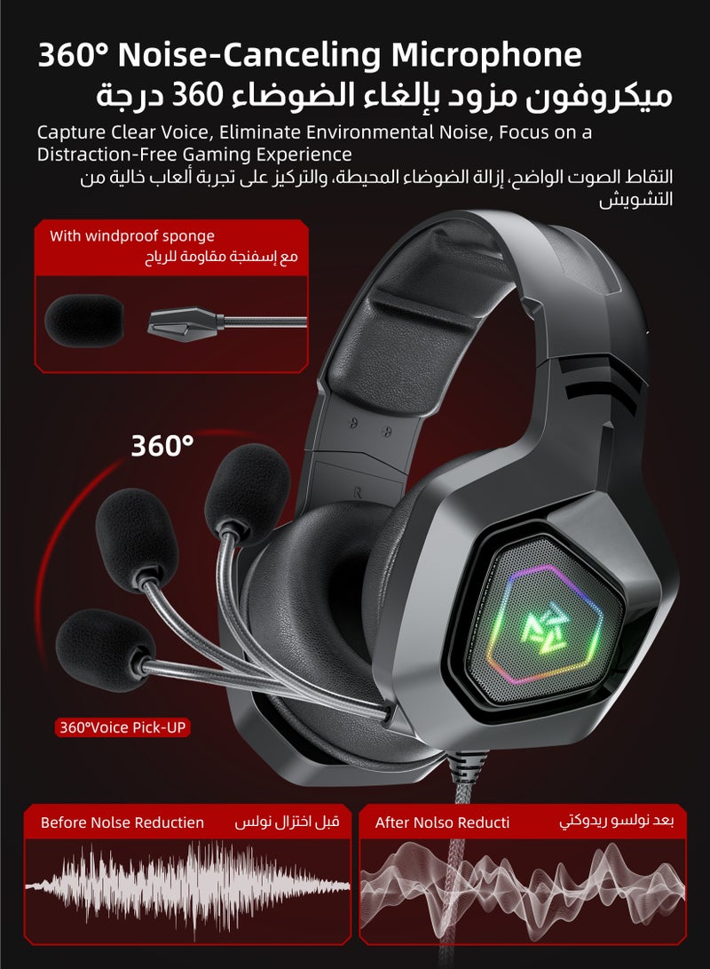 DuneVoyager Professional Gaming Headset, 50mm Large Drivers, Comfortable Soft Ear Cushions, 360° Adjustable Noise-Canceling HD Microphone, In-line Volume Control, RGB Lighting, Gold-Plated Connector, Adjustable Headband, For PS4/PS5/XOne/XSeries/Nintendo Switch/PC - Wired  - Image 3