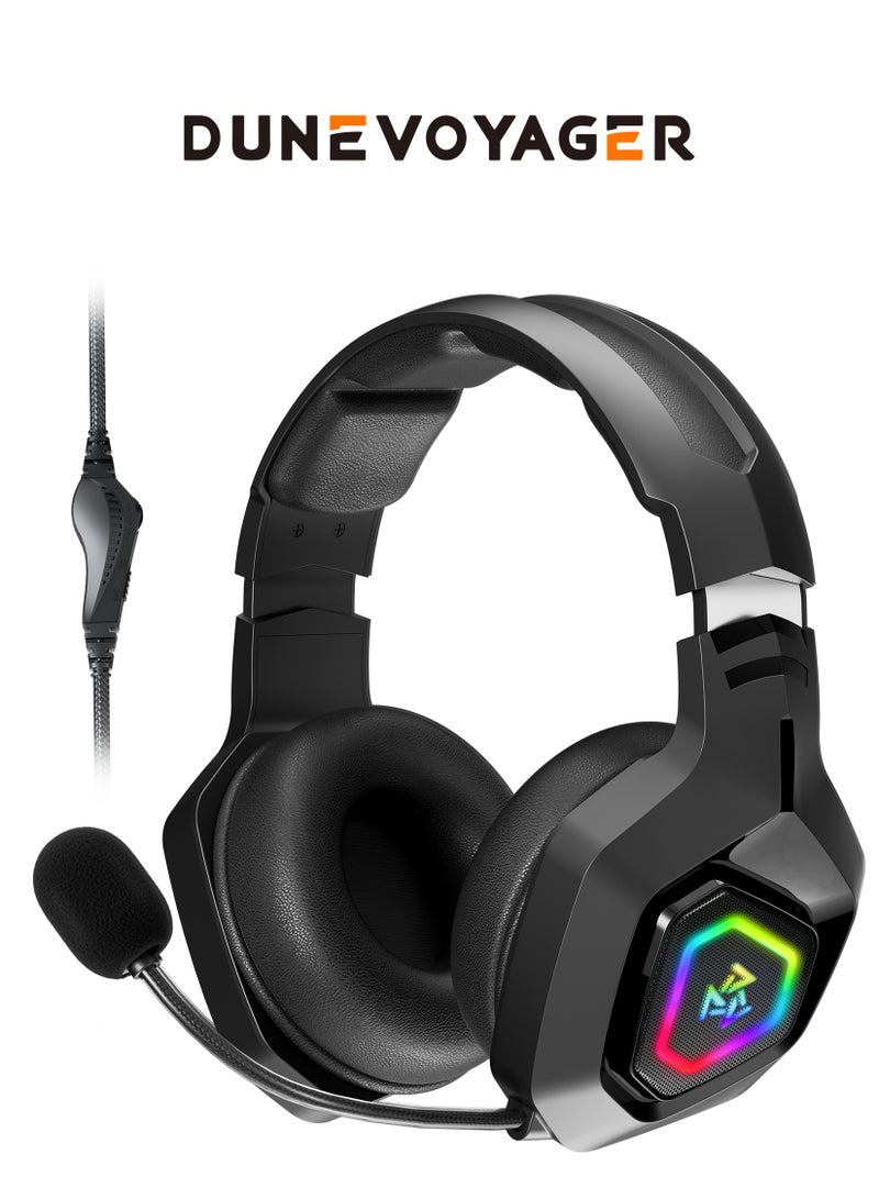 DuneVoyager Professional Gaming Headset, 50mm Large Drivers, Comfortable Soft Ear Cushions, 360° Adjustable Noise-Canceling HD Microphone, In-line Volume Control, RGB Lighting, Gold-Plated Connector, Adjustable Headband, For PS4/PS5/XOne/XSeries/Nintendo Switch/PC - Wired - Image 1