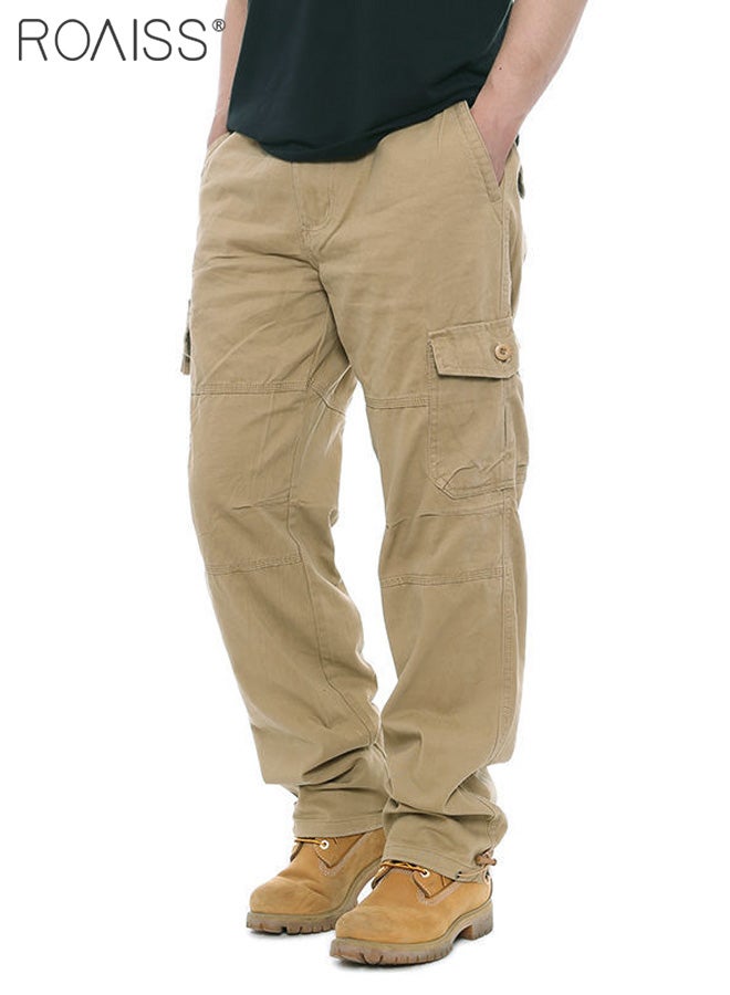 Casual Work Pants for Men's Daily Commuting Wear Resistant Multi Pocket Straight Leg Pants Comfortable and Breathable Cargo Pants for Everyday Casual Wear Loose Pleated Design Zipper Closure Khaki image 2