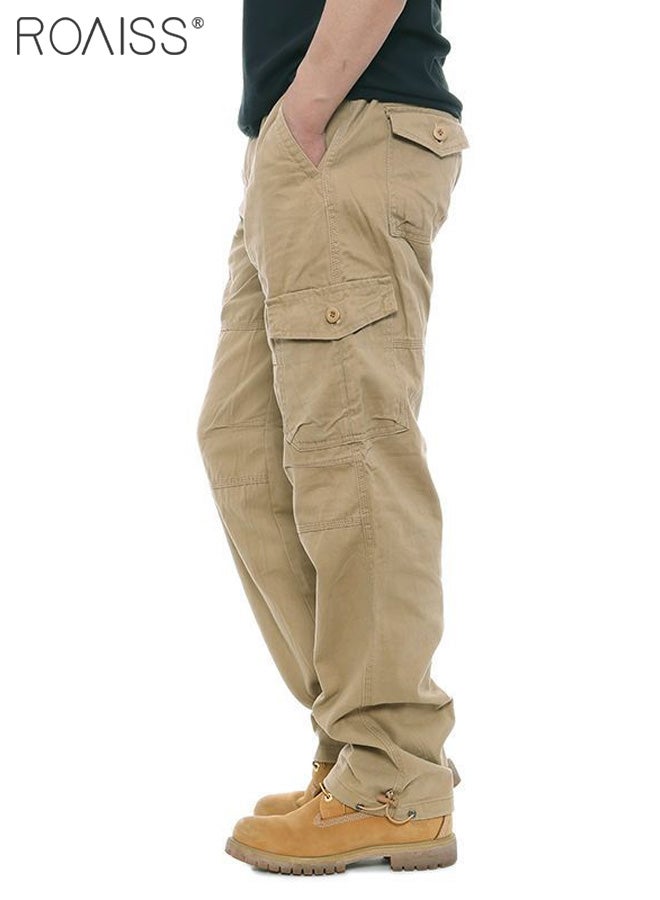 Casual Work Pants for Men's Daily Commuting Wear Resistant Multi Pocket Straight Leg Pants Comfortable and Breathable Cargo Pants for Everyday Casual Wear Loose Pleated Design Zipper Closure Khaki image 3