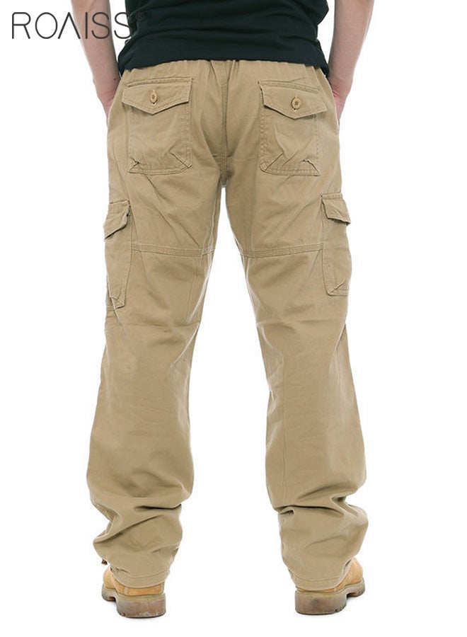 Casual Work Pants for Men's Daily Commuting Wear Resistant Multi Pocket Straight Leg Pants Comfortable and Breathable Cargo Pants for Everyday Casual Wear Loose Pleated Design Zipper Closure Khaki image 6