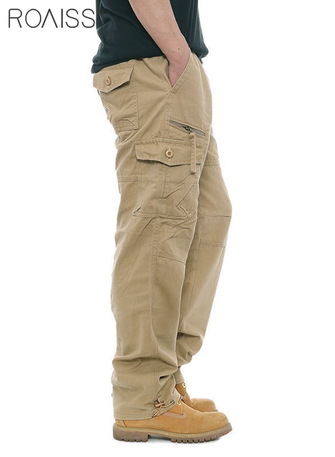 Casual Work Pants for Men's Daily Commuting Wear Resistant Multi Pocket Straight Leg Pants Comfortable and Breathable Cargo Pants for Everyday Casual Wear Loose Pleated Design Zipper Closure Khaki image 4
