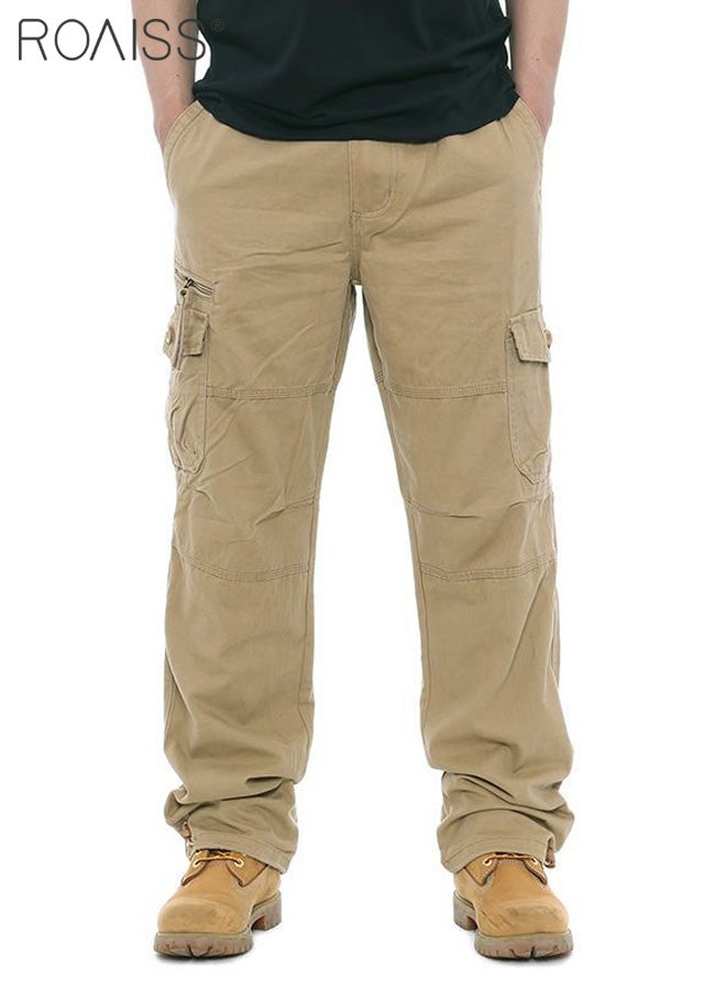 Casual Work Pants for Men's Daily Commuting Wear Resistant Multi Pocket Straight Leg Pants Comfortable and Breathable Cargo Pants for Everyday Casual Wear Loose Pleated Design Zipper Closure Khaki image 5