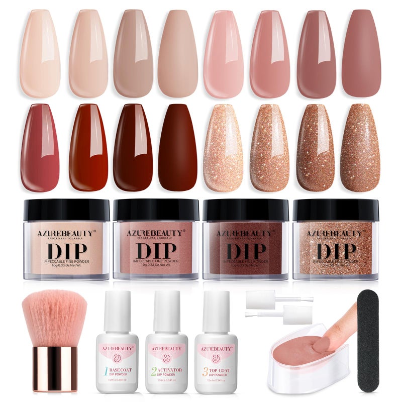 AZUREBEAUTY Dip Powder Nail Kit Starter 4 Colors Skin Nude Brown Glitter Dipping Powder Liquid Set with BaseTop Coat Activator for Daily French Nail Art Manicure DIY Gift 12 Pcs - Image 3