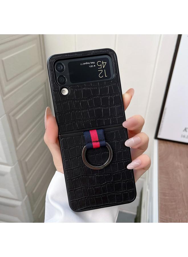 S-TOP Case For Samsung Galaxy Z Flip4 Crocodile Texture PU Phone Case With Ring - Image 2