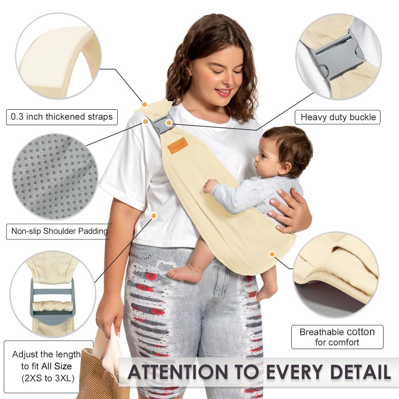 Shiaon Baby Sling Carrier, Baby Carrier Newborn to Toddler(7-45lbs), Toddler Carrier with Safety Buckle, One Shoulder Adjustable Shoulder Strap, One Size Fits All, Beige - Image 2