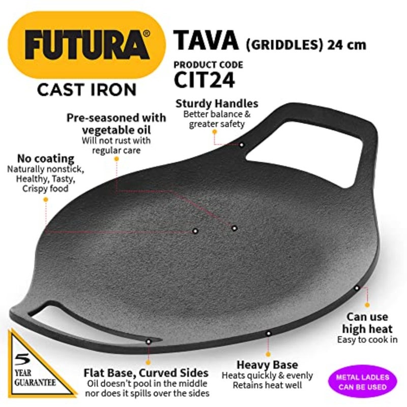 Futura 24 cm Cast Iron Tava, Cast Iron Tawa for Roti, Cast Iron Cookware for Kitchen, Black - Image 2