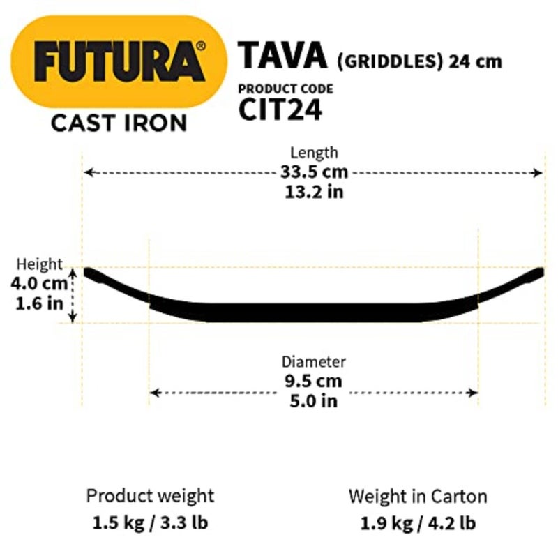 Futura 24 cm Cast Iron Tava, Cast Iron Tawa for Roti, Cast Iron Cookware for Kitchen, Black - Image 3