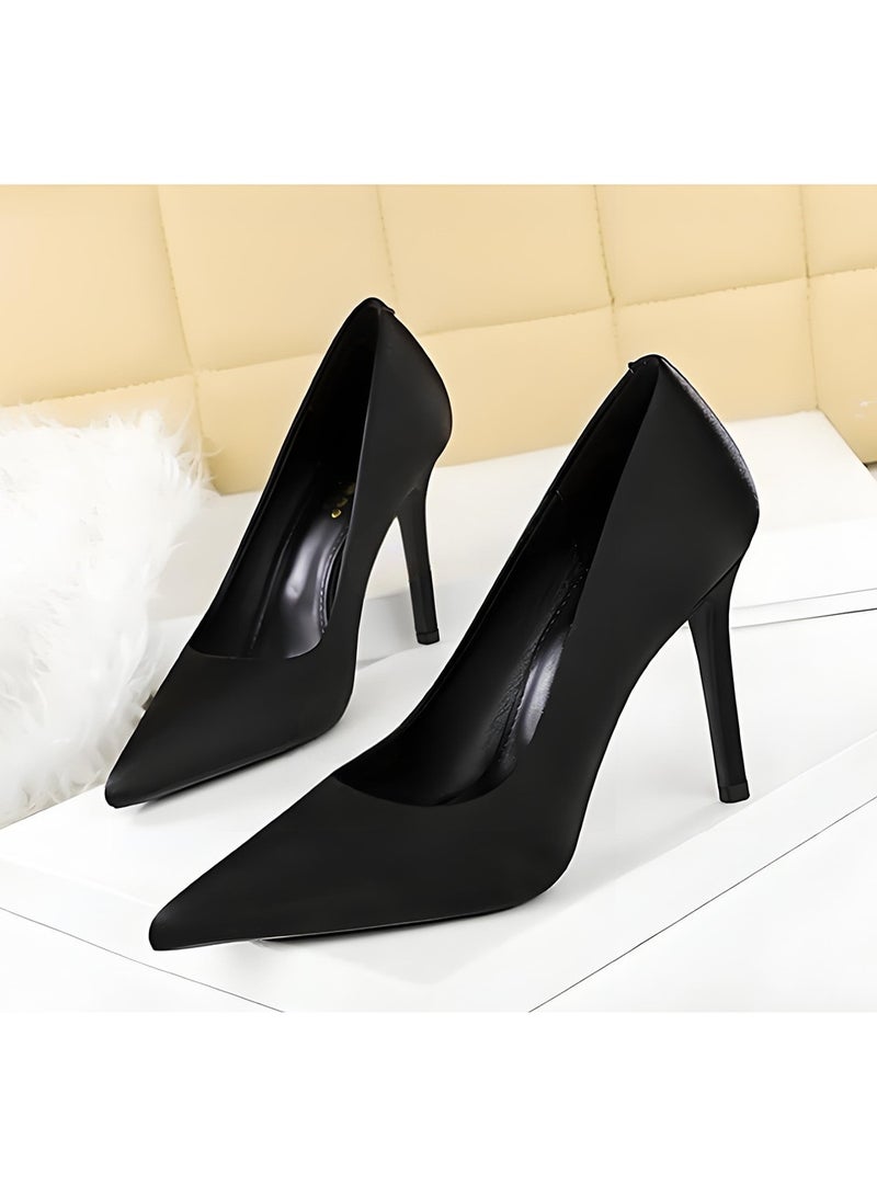 BIGTREE Women's Closed Pointed Toe Satin High Heels Stiletto Pumps Party Dress Shoes Black 10CM - Image 1