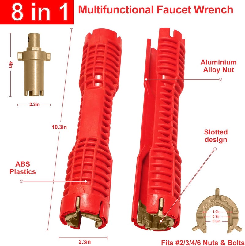 Forlivese Faucet and Sink Installer（8-in-1）Multi-purpose Wrench Plumbing Tool for Toilet Bowl/Sink/Bathroom/Kitchen Plumbing Repair Installation Hand Tools(red) - Image 2