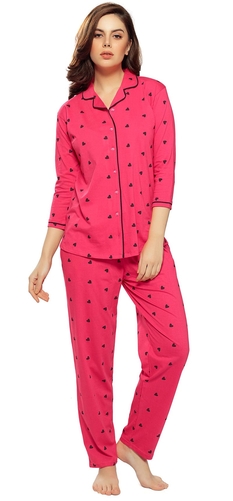 ZEYO Women's Cotton Heart Printed Navy Blue Night Suit Set Of Shirt & Pajama Set 5276 - Image 1