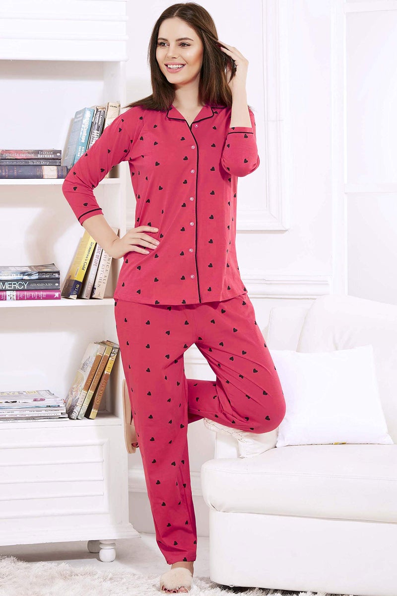 ZEYO Women's Cotton Heart Printed Navy Blue Night Suit Set Of Shirt & Pajama Set 5276 - Image 5