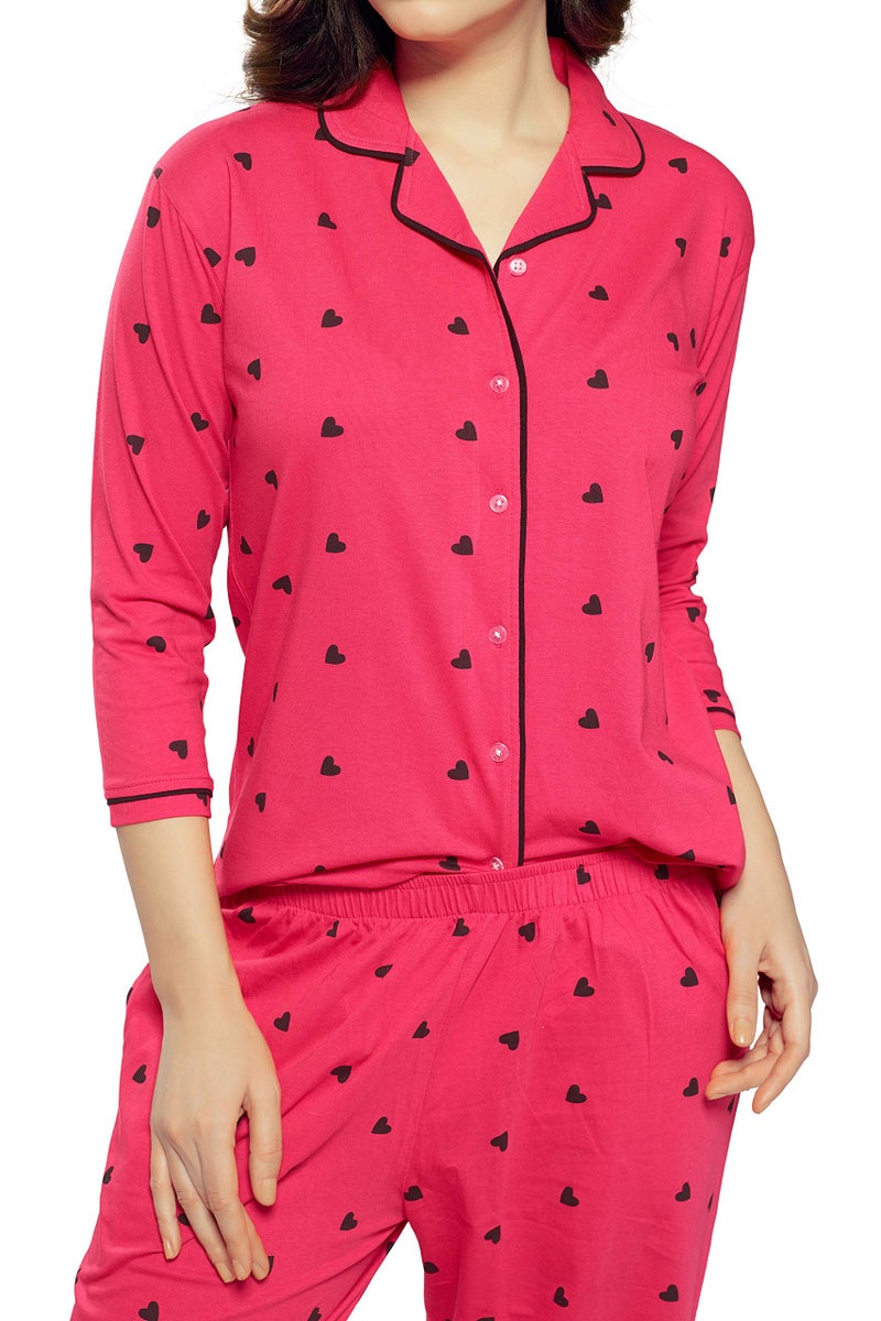 ZEYO Women's Cotton Heart Printed Navy Blue Night Suit Set Of Shirt & Pajama Set 5276 - Image 2