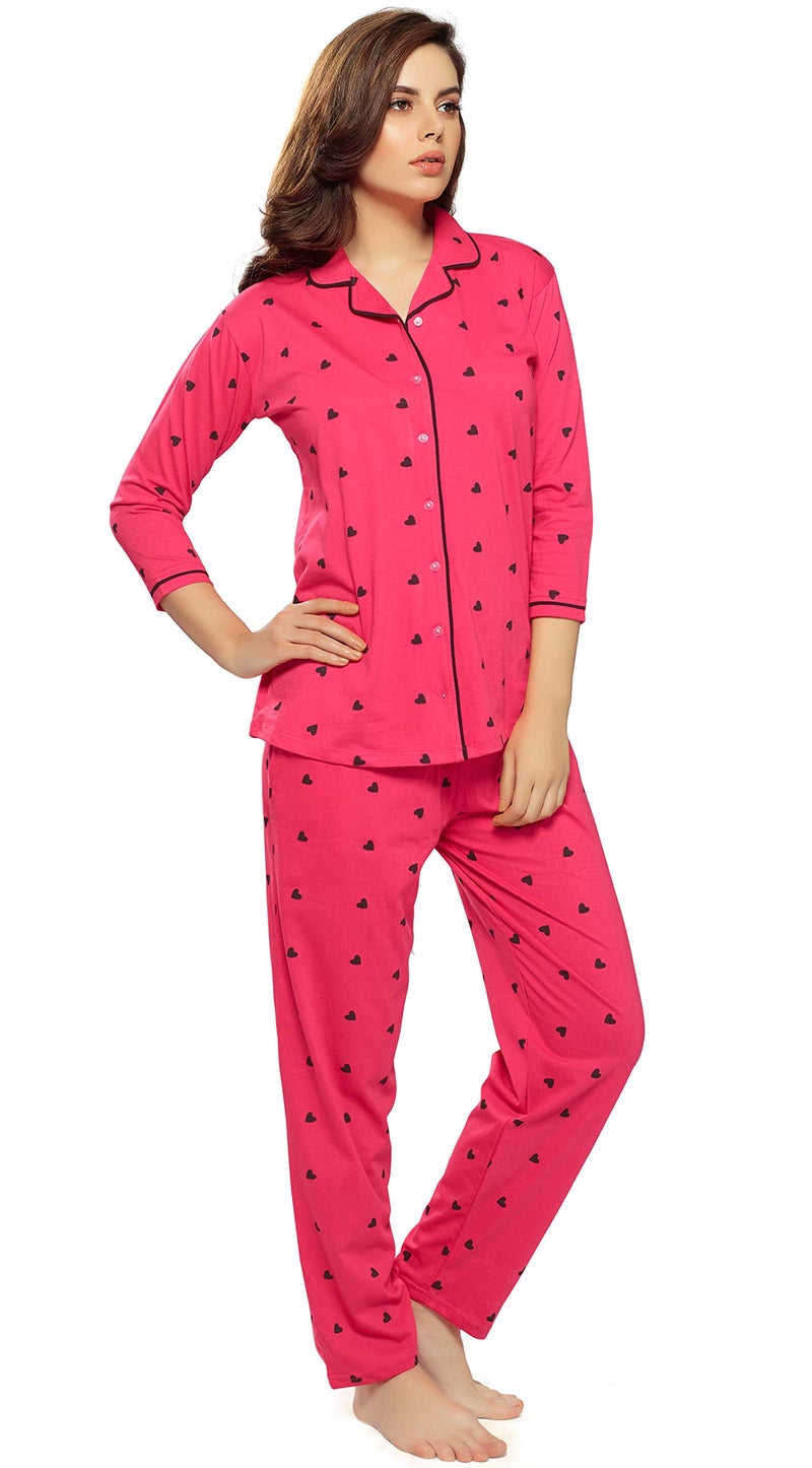 ZEYO Women's Cotton Heart Printed Navy Blue Night Suit Set Of Shirt & Pajama Set 5276 - Image 4