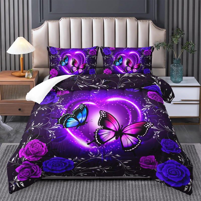 Tuzaovy Butterfly Comforter Set Queen,Butterfly Bedding Sets for Girls，Butterfly Decorations for Bedroom,Dreamy Butterfly Comforter Set,Purple Butterfly Bedding Black and Purple Butterfly Comforter - Image 1