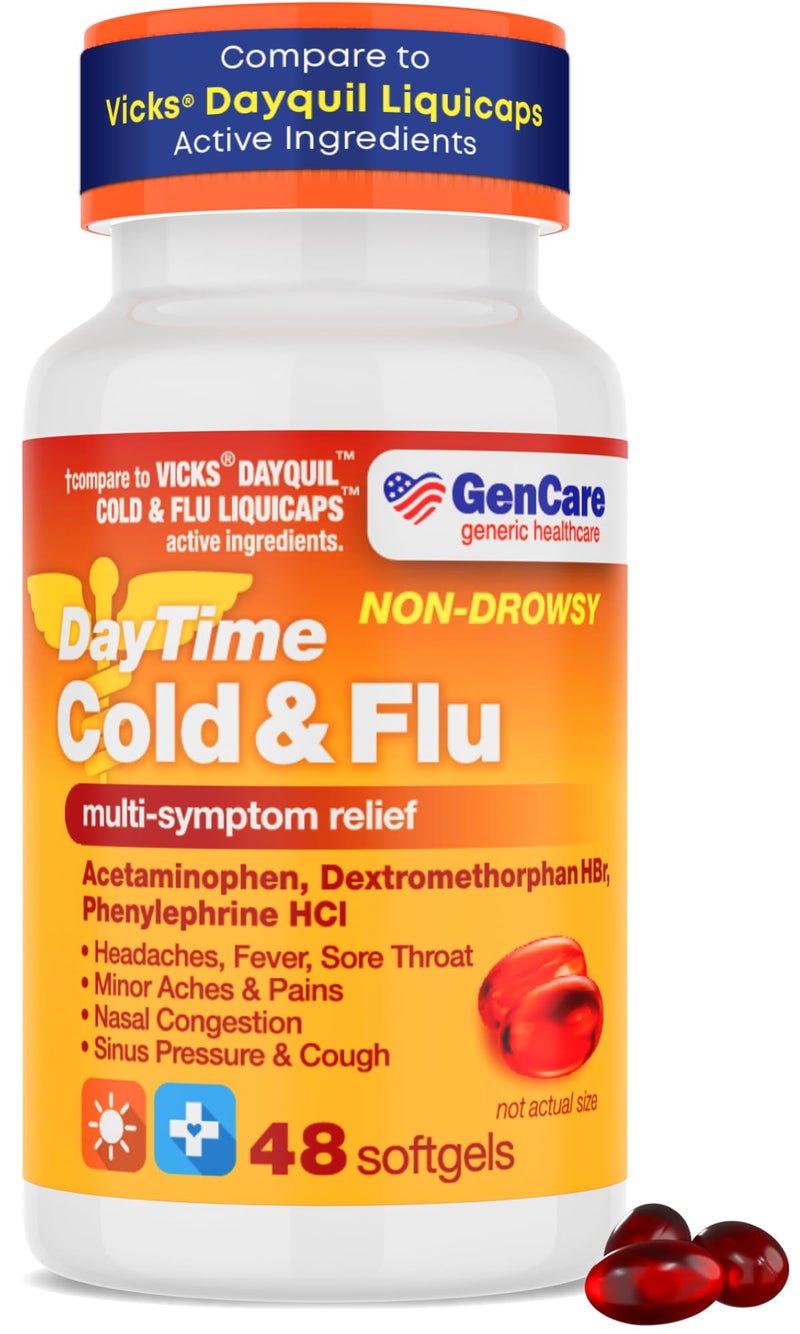GenCare Multi Symptom Non Drowsy Daytime Cold Flu Relief Acetaminophen 325mg Dextromethorphan HBr 10mg Phenylephrine HCl 5mg 48 Softgels Non Habit Forming Pain Reliever Nasal Decongestant