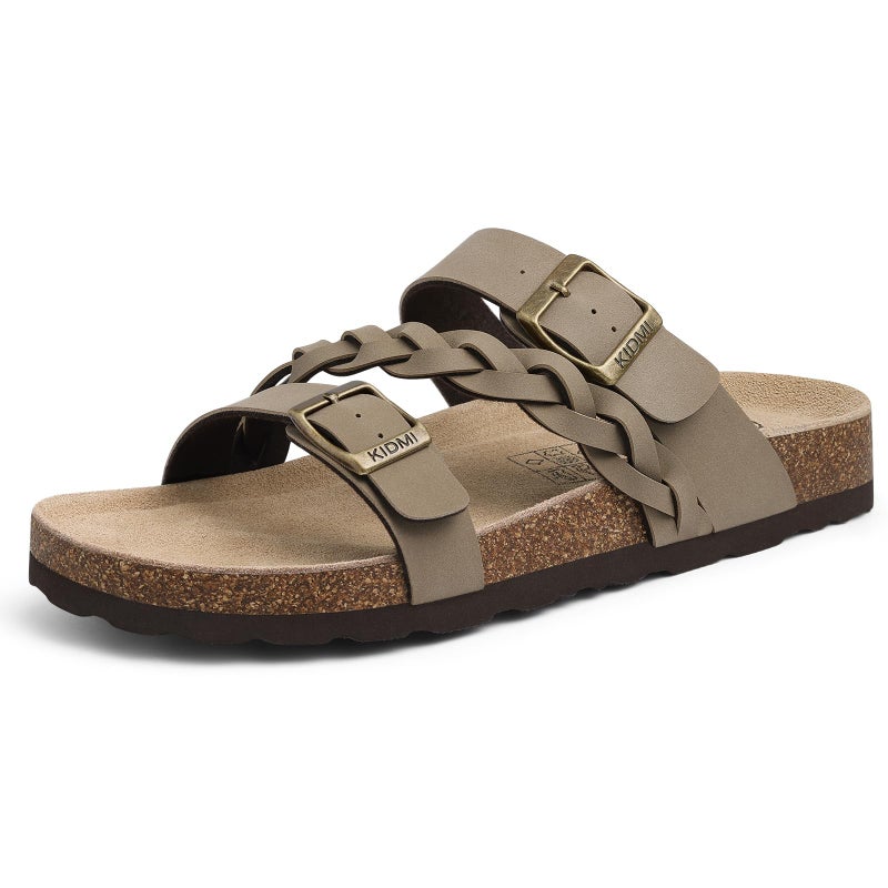 KIDMI Women's Cork Footbed Sandals with Arch Support Comfortable Slip-On Slide Sandals With Adjustable Buckle for Summer, Olive Brown 39 - Image 1