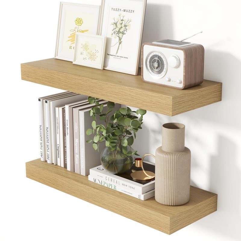 Heimlove 24 Inch Floating Shelves for Wall Oak Shelves Set of 2,Wall Mounted Rustic Wood 8 Inch Deep Floating Shelf with Invisible Brackets for Bedroom Kitchen Living Room - Image 1